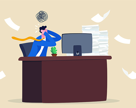 Illustration of stressed lawyer at desk