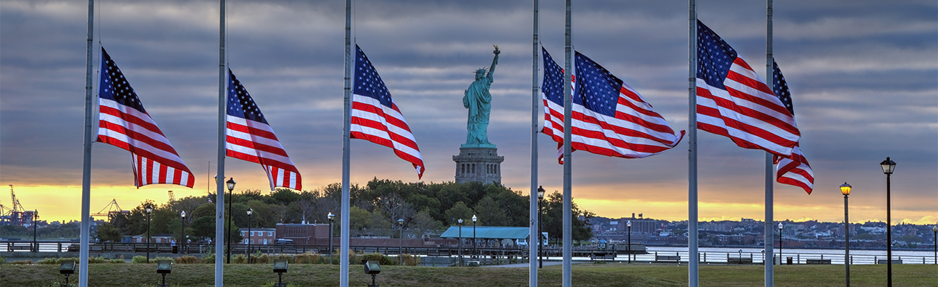 New York, Statue of Liberty, flags at half mast