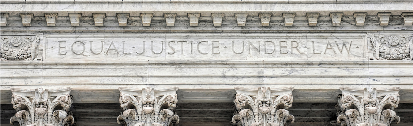 A courthouse facade that reads "Equal justice for all..."