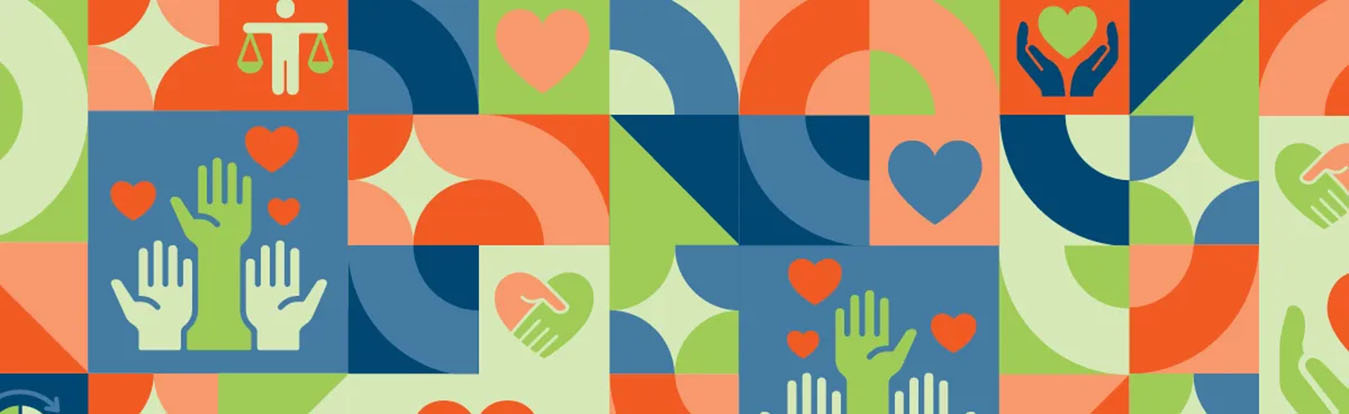 Artistic, colorful collage of volunteer icons