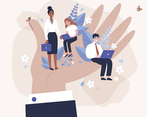 Concept illustraing of three male and female attorneys with flowers in a hand.