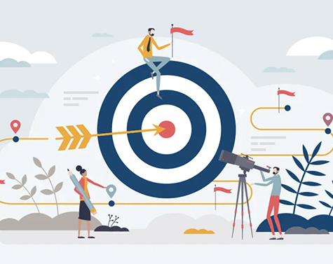 Concept illustration of arrow and target with figures searching for a path.